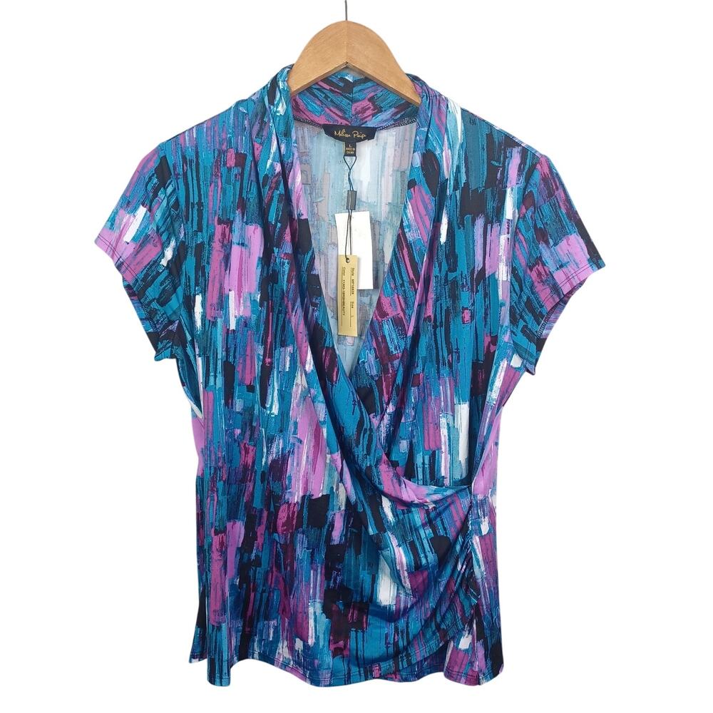 Melissa Paige Women's Cap Sleeve Wrap Top Size L Artsy V-neck Stretch Career New - Picture 2 of 11